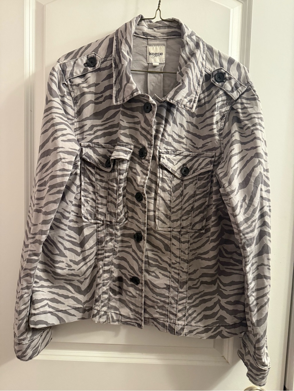 Kensie Gray & White Zebra Print Utility Jacket